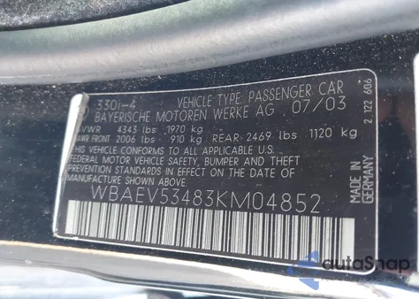 2003 BMW 330I из США, поврежденный, VIN WBAEV53483KM04852